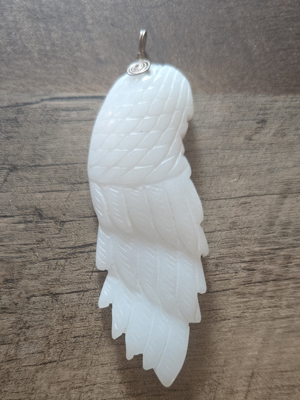 White Hand-Carved Glass Angel Wing Pendant